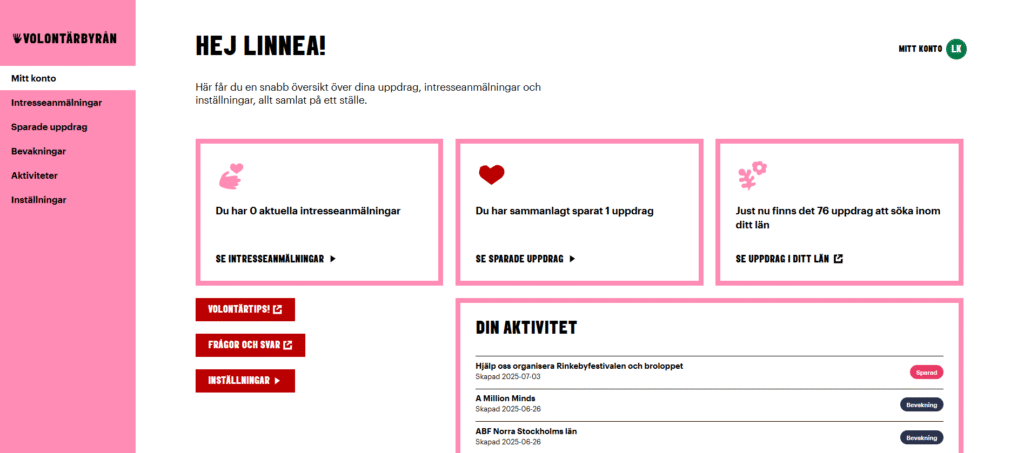 Vy av mitt konto-dashboard